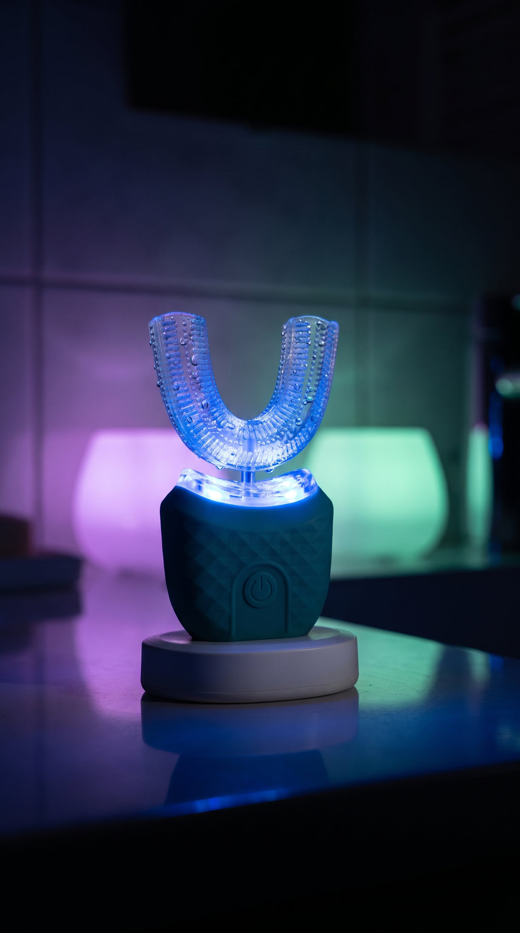 SwiftSmile toothbrush glowing blue on its charging base at night