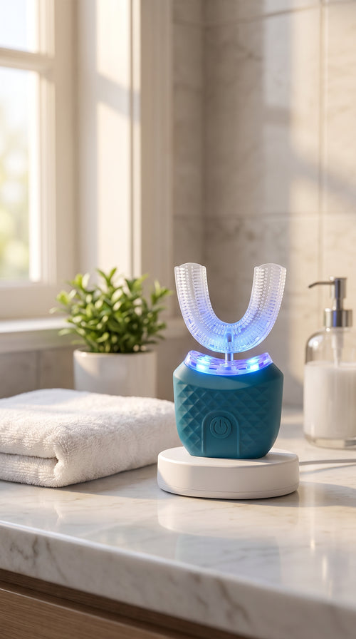 SwiftSmile toothbrush on a marble bathroom counter next to a towel and plant
