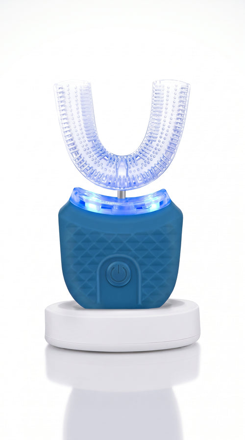 SwiftSmile U-shaped automatic toothbrush with blue light on its white charging base