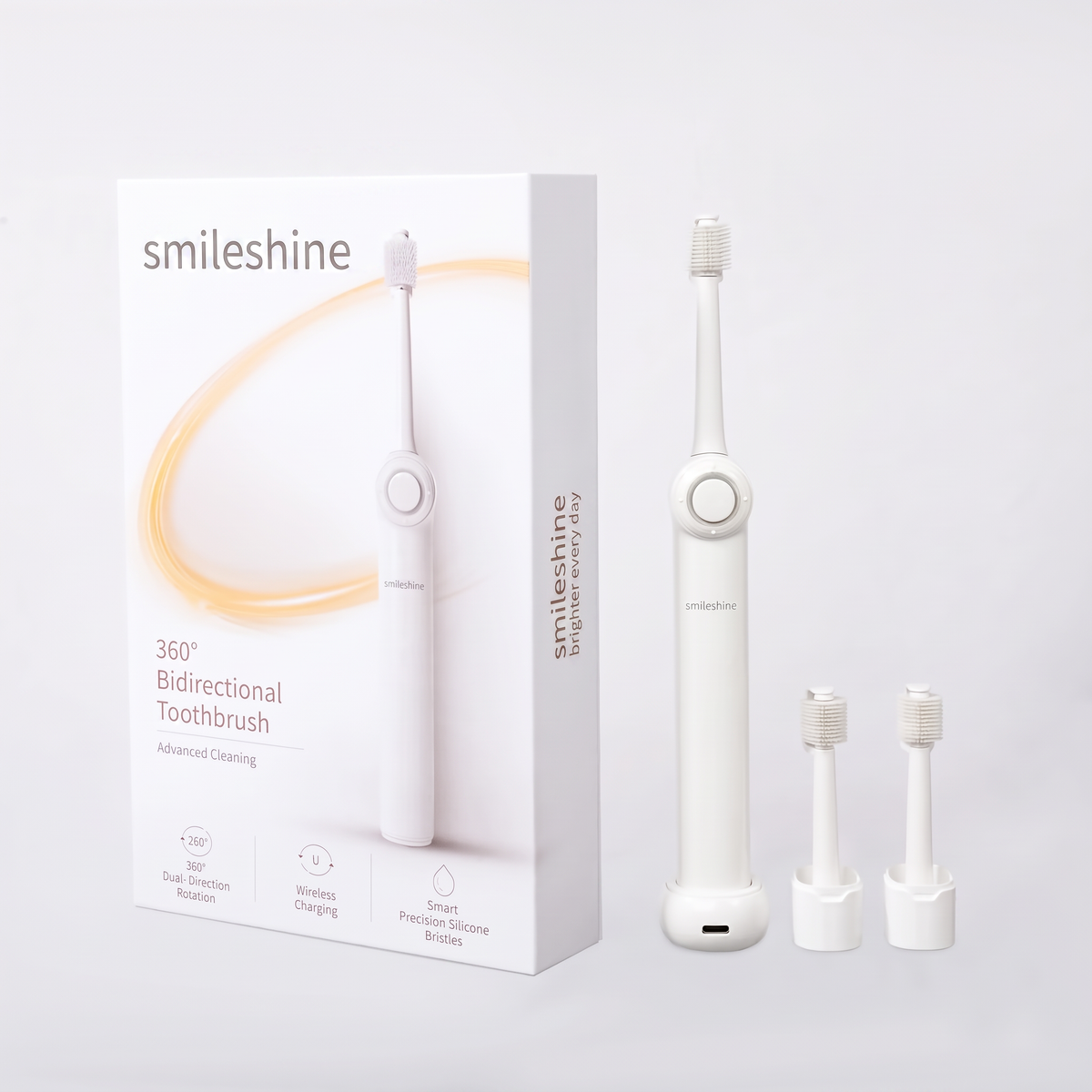 Smile Shine 3-in-1 Electric Toothbrush Kit with retail box, toothbrush and replacement brush heads